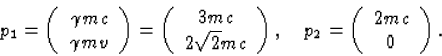 \begin{displaymath}
p_1=\left(\begin{array}
{c}\gamma mc\\ \gamma mv\end{array}...
...
p_2 = \left( \begin{array}
{c} 2 m c\\ 0 \end{array}\right).\end{displaymath}